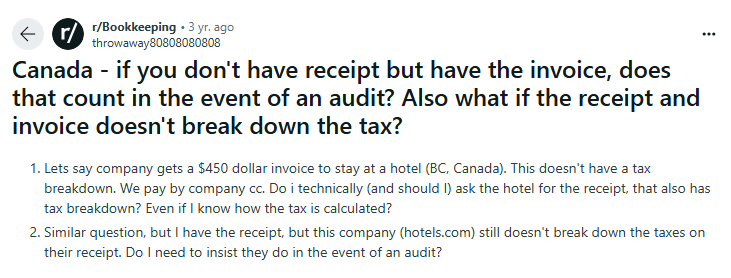 reddit conversation if you don't have receipts in audit