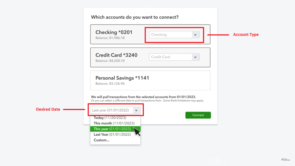 select account type and date